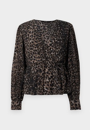 Must musta ja pruun leopardimusteriga pluus, millel on pikad varrukad, mähisega disain ja kootud vöökoht. Tekstureeritud kangas peplum siluetiga.