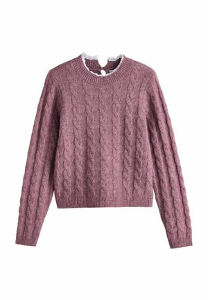 Next, CABLE KNIT JUMPER WITH LACE TRIM COLLAR - Striktrøje - dark pink