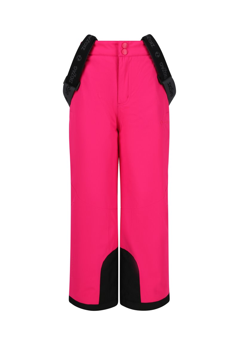 Roze sneeuwbroek met zwarte accenten, voorzien van verstelbare banden, een knoopsluiting en een duurzame, gladde textuur.