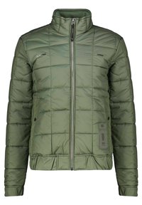 Zielona kurtka puchowa z wysokim kołnierzem, zamkiem błyskawicznym, pikowanym wzorem, elastycznymi mankietami i bocznymi kieszeniami. Materiał jest błyszczący i gładki.