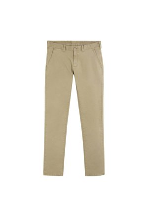 Pantalones beige de pierna recta con bolsillos delanteros, trabillas para cinturón y cierre con botón sobre fondo blanco.