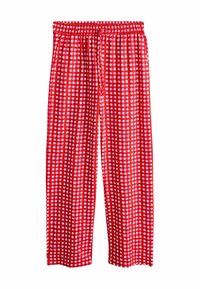 Red checkered pants with an elastic waistband, featuring a pattern of white squares on a red background, offering a loose-fit design.