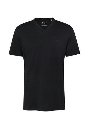 T-shirt noir pour homme à manches courtes avec col en V, arborant un logo s.Oliver discret sur la poitrine et une étiquette à l'intérieur du col.