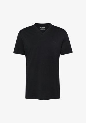 T-shirt noir pour homme à manches courtes avec col en V, arborant un logo s.Oliver discret sur la poitrine et une étiquette à l'intérieur du col.