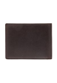 Brown leather wallet with a textured surface, rectangular shape, and contrasting stitching along the edges. Sleek and minimalist design.