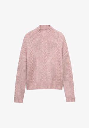 Maglione rosa lavorato a maglia con collo alto, motivo a trecce e bordi e polsini a costine. Presenta una vestibilità ampia e un tessuto testurizzato.