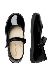 Scarpe Mary Jane nere in vernice per bambini, dotate di una chiusura in velcro e di una soletta imbottita beige, mostrate da viste frontale e laterale.