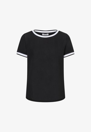 Schwarzes Kurzarm-T-Shirt mit rundem Ausschnitt und weißem Besatz an Kragen und Ärmeln. Glatte Textur, lockere Passform und einfarbig.