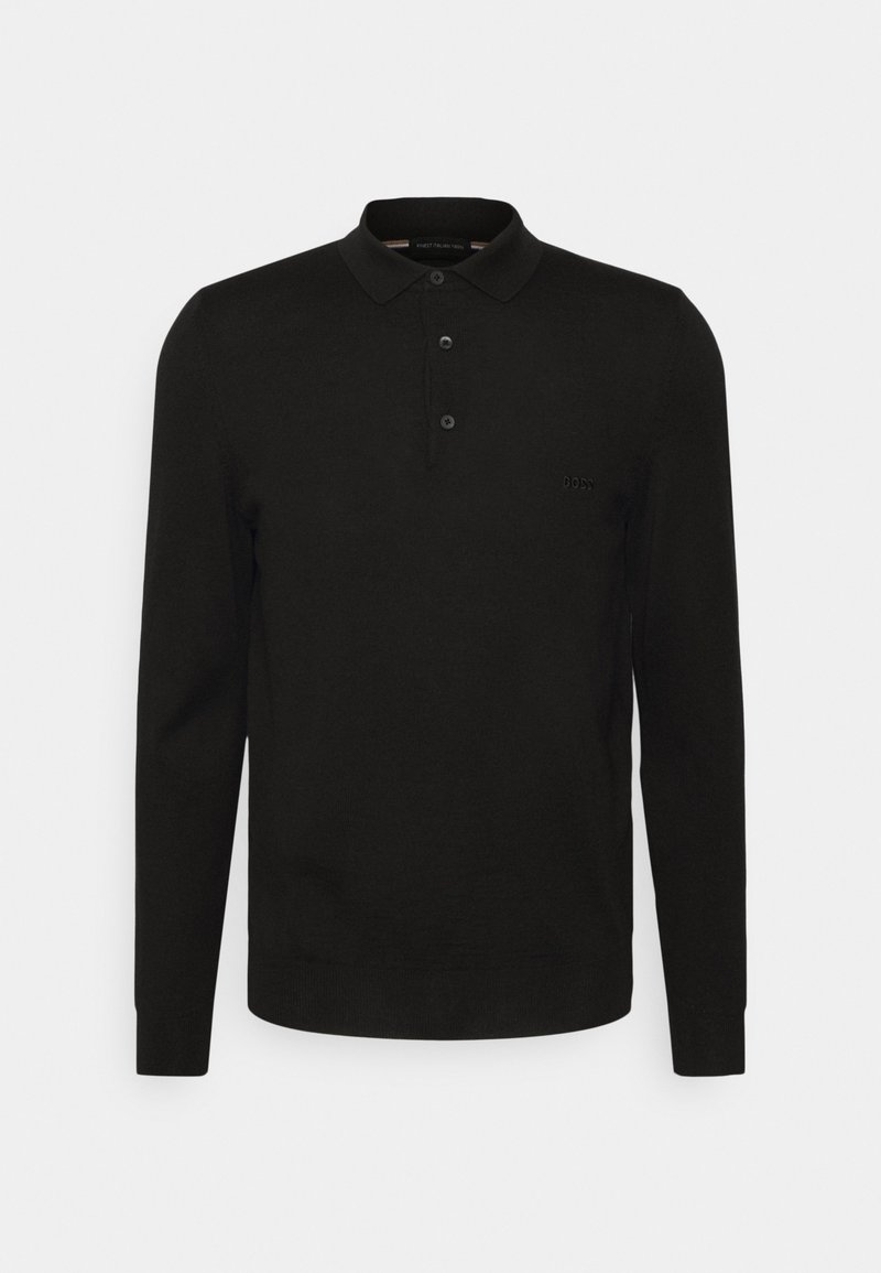 Polo noir à manches longues avec trois boutons et col, arborant un logo brodé discret sur la poitrine gauche.