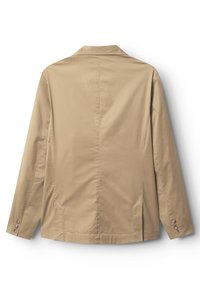 Bež jakna sa strukturiranim dizajnom, s izrezanim ovratnikom, dugim rukavima i ukrasnim gumbima na manžetama. Glatka tekstura tkanine.