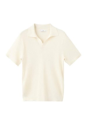 Krémovo sfarbené polo tričko s krátkym rukávom a výstrihom do V, s textúrovanou látkou a klasickým golierom.
