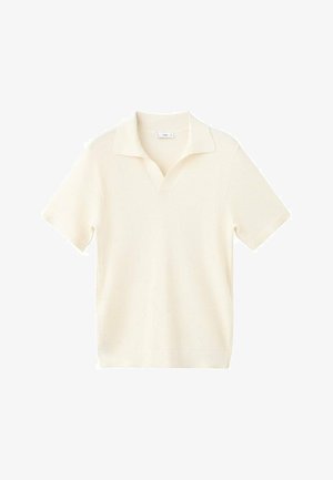 Cream-colored short-sleeve polo with a v-neck, featuring a textured fabric and classic collar design.