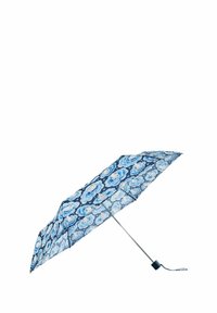 Parapluie pliant compact avec un motif floral bleu, cadre en métal argenté et une poignée en caoutchouc noir pour une meilleure prise.