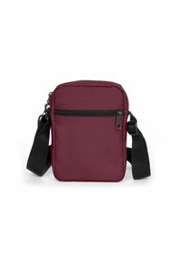 Borsa a tracolla bordeaux con zip nera, forma rettangolare, tessuto resistente e tracolla regolabile, dotata di una tasca frontale con zip.