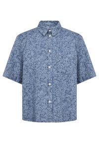 Kurzarmhemd aus hellblauem Stoff mit floralem Muster, Knopfleiste und einer Brusttasche auf der linken Seite. Klassischer Kragen.