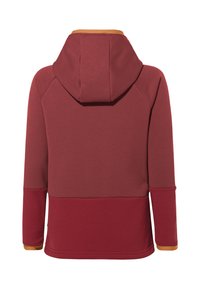 Bordeauxfarbener Kapuzenpullover mit glatter Textur, ausgestattet mit einer verstellbaren Kapuze, langen Ärmeln und kontrastierenden orangen Akzenten an den Bündchen und dem Saum.