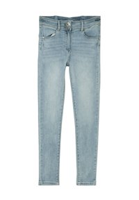 Jeans en denim bleu clair avec une coupe slim, dotés de cinq poches, d'une fermeture à bouton à l'avant et d'une texture lisse.