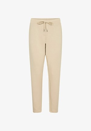Beige jogger pants made of soft fabric, featuring a drawstring waist, tapered legs, and no visible patterns or accents.