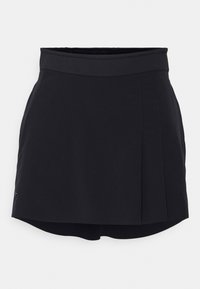 Černá sukně s vypasovaným pasem, skládáním a A-siluetou. Vyrobena z hladkého materiálu s jemným leskem. Krátká délka.