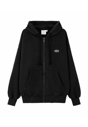 Black zip-up hoodie with front pockets, drawstring hood, ribbed cuffs, and a small white "SRF" logo on the left chest.
