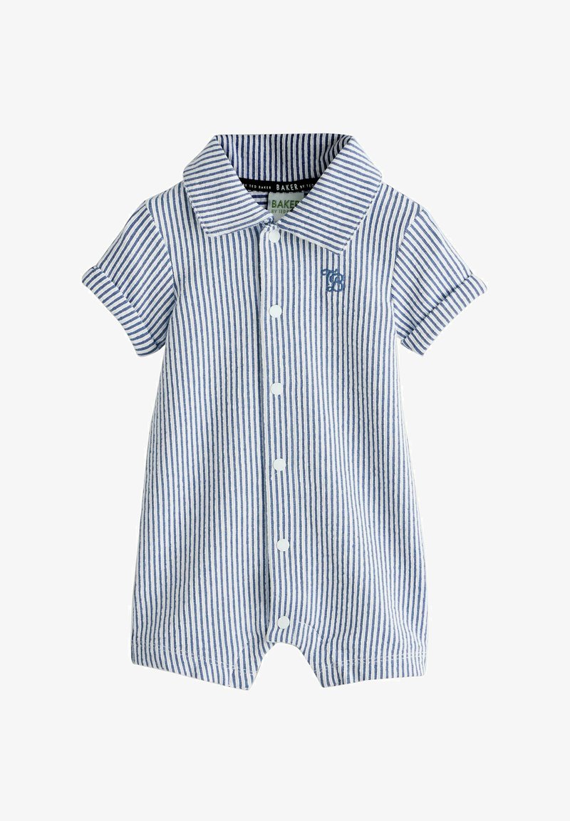 Barboteuse bébé à manches courtes rayée bleu et blanc avec col, boutons à l'avant et logo brodé sur la poitrine.