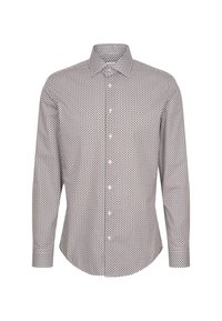 Camicia a maniche lunghe con bottoni di colore bianco, decorata con un motivo geometrico di punti rossi e blu. Presenta un colletto e un design aderente. Tessuto morbido al tatto.
