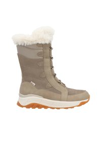 Bottes d'hiver beiges avec un revers en fausse fourrure, en matériau suédé et en maille, design à lacets, semelle épaisse blanche et semelle extérieure texturée orange.