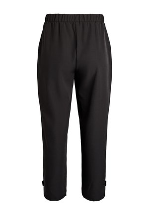 Mustat suorat lahkeet sisältäen joustavan vyötärön ja nilkkakiinnikkeet, esitettyinä tasaisesti edestä valkoisella taustalla.