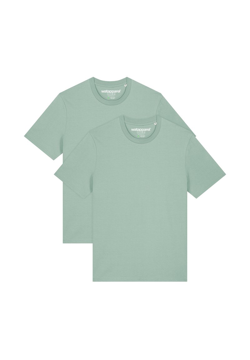 Deux t-shirts verts clair à manches courtes en coton doux, avec un col rond et un design simple et sans couture.