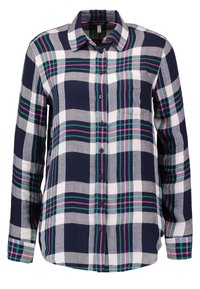 Chemise à carreaux bleu marine et blanche à manches longues, avec boutonnière sur le devant et poche poitrine gauche. Présente des lignes vertes et fuchsia dans le motif.