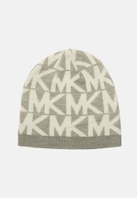 Cappello lavorato a maglia con motivo interlock "MK" in beige e grigio chiaro, con orlo a coste per una maggiore textura e vestibilità.