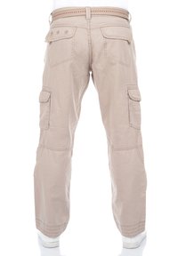 Beige Cargo-Hosen mit mehreren Seitentaschen, verstärkten Nähten und einem taillierten Design an den Knöcheln; minimalistisches Sternmuster auf der Rückseite.