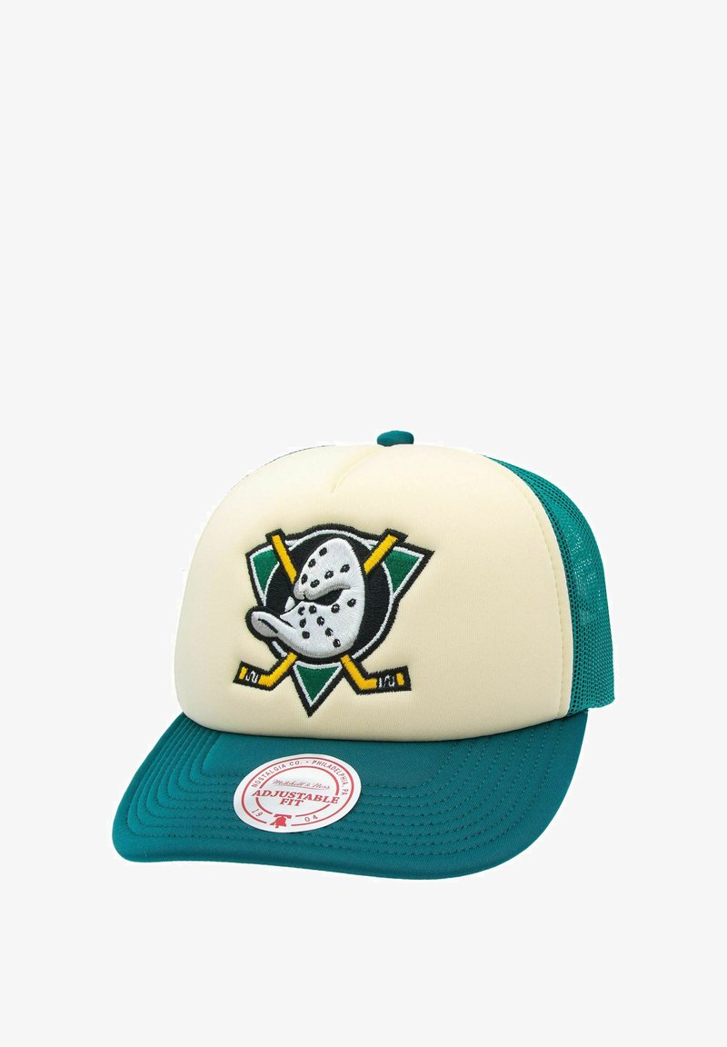 Lkw-Fahrer-Cap mit crèmefarbenem Frontteil und türkisfarbenem Netzrücken. Mit gesticktem Logo eines Entenmotivs und gekreuzten Hockeyschlägern. Verstellbare Passform.