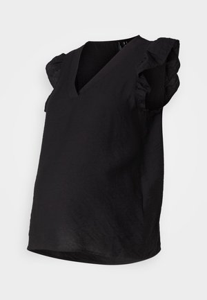 Black maternity top with a V-neckline, short ruffled sleeves, relaxed fit, and textured fabric. Ideal for comfort during pregnancy.