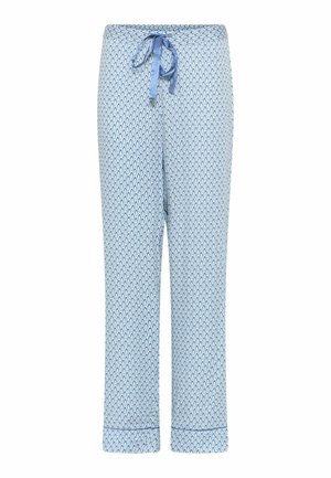 Light blue pajama pants with a diamond pattern, a drawstring waist, and cuffed hems. Made from soft fabric for comfort.