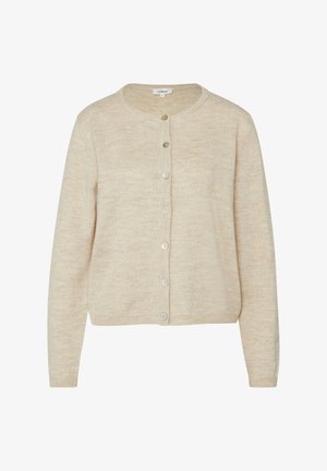 Beżowy dziergany kardigan z długimi rękawami, okrągłym dekoltem i siedmioma guzikami z przodu, zaprojektowany do codziennego noszenia.