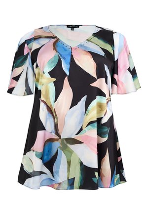 Black short-sleeve top with multicolored large floral pattern and V-neckline embellished with small black studs.