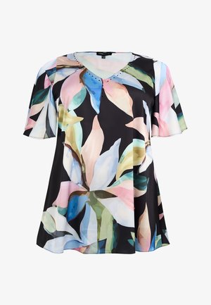 Schwarzes Kurzarm-Top mit großem, mehrfarbigem Blumenmuster und V-Ausschnitt, verziert mit kleinen schwarzen Nieten.