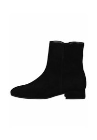 Bottines en suède noir, avec une silhouette élancée, un bout rond et un petit talon carré ; texture lisse et design minimaliste sans embellissements.
