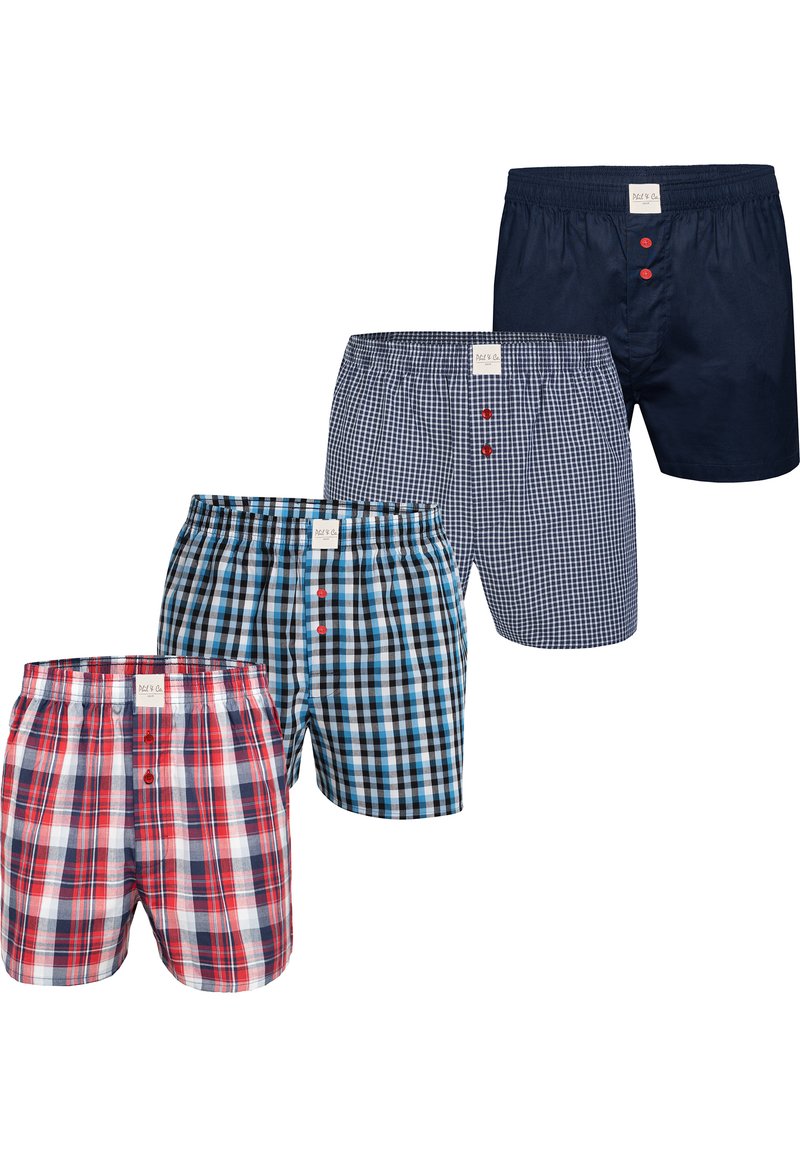 Vier paar herenvoters in verschillende kleuren en patronen: rood en blauw ruit, lichtblauw vierkant, marineblauw en een klein ruitpatroon; met elastische taillebanden.