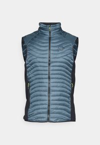 Γιλέκο με επένδυση που διαθέτει ένα σκούρο μπλε κεντητό εμπρός μέρος, μαύρα πλαϊνά πάνελ, ψηλό γιακά, πλήρη φερμουάρ και τσέπες με φερμουάρ με πράσινες λεπτομέρειες.