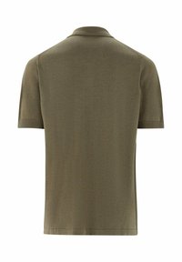 Polo shirt a maniche corte verde oliva con una texture morbida, colletto a maglia piatta e polsini a coste. Design semplice e pulito, senza motivi.