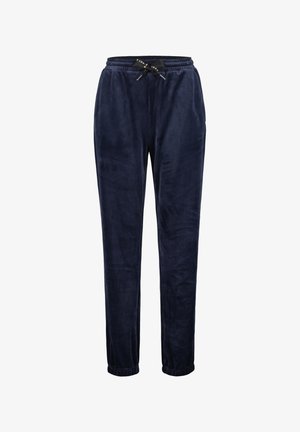 Pantalones de chándal azul marino hechos de una tela suave, con una cintura elástica y cordón, piernas ajustadas y puños acanalados en los tobillos.