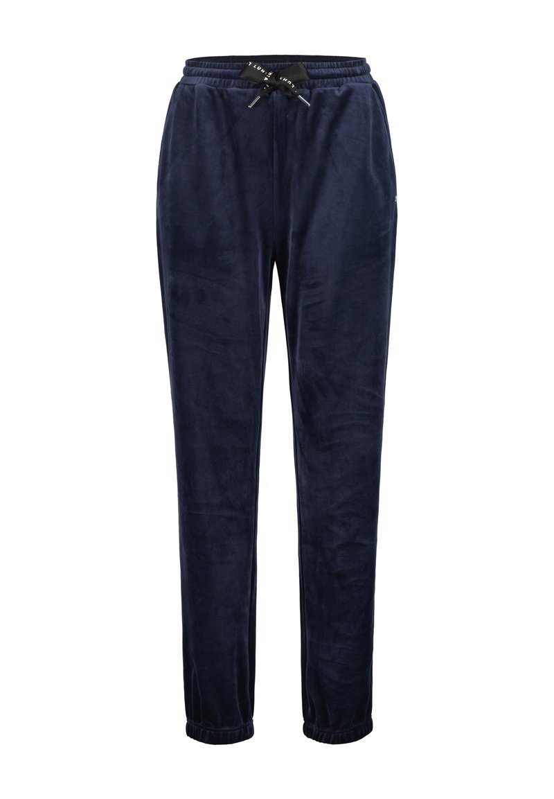 Marineblauwe sweatpants van zacht materiaal, met een elastische tailleband met een trekkoord, taps toelopende benen en ribgebreide boorden bij de enkels.