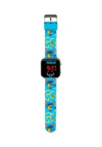 Orologio digitale con quadrante quadrato nero. Cinturino in silicone blu decorato con il personaggio di Stitch, ananas e zigzag gialli.