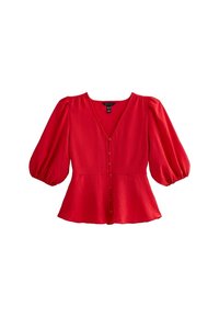 Rød, tekstureret bluse med V-hals, pufærmer og peplum-kant. Har en knaplukning foran og er lavet af et glat, let stof.