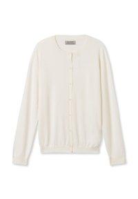 Kardigan w kolorze kremowym, wykonany z miękkiego materiału, z okrągłym dekoltem, długimi rękawami i zapięciem na guziki.