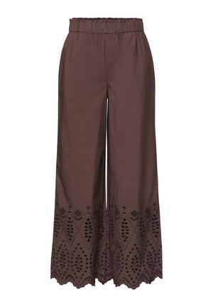 Pantalon marron à jambes larges avec taille élastique et broderie anglaise complexe le long de l'ourlet festonné.