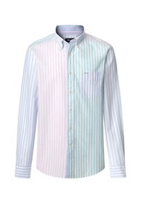 Camicia a righe con bottoni che presenta diverse tonalità pastello: rosa, azzurro chiaro e verde. Maniche lunghe con una singola tasca sul petto.