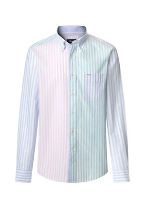 Striped button-up shirt featuring varying pastel colors: pink, light blue, and green. Long sleeves with a single chest pocket.